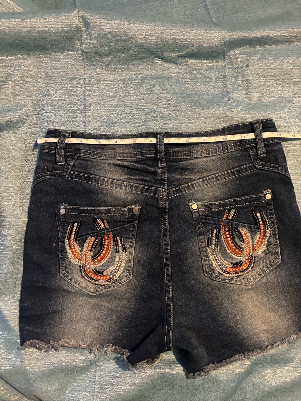 Dark Blue Embroidered Back-Pocket Jean Shorts